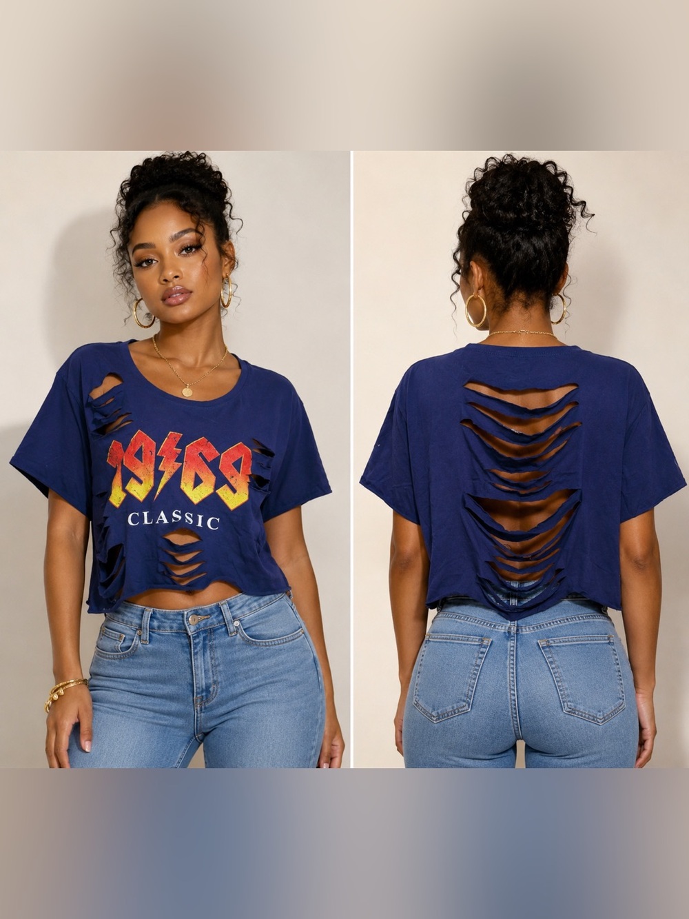Upcycled Distressed 1969 Graphic Crop Tee - Navy Size XL-2X